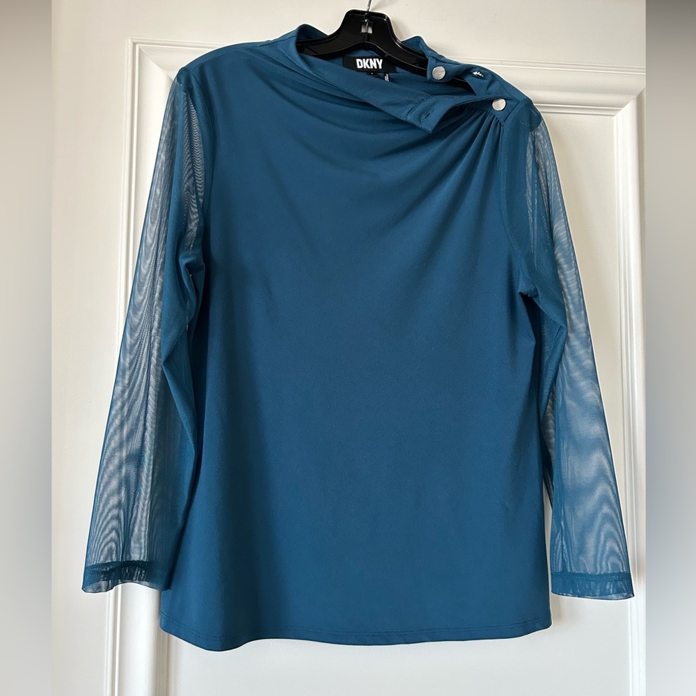 DKNY Teal Blue Long-Sleeve Top with Sheer Mesh Sleeves